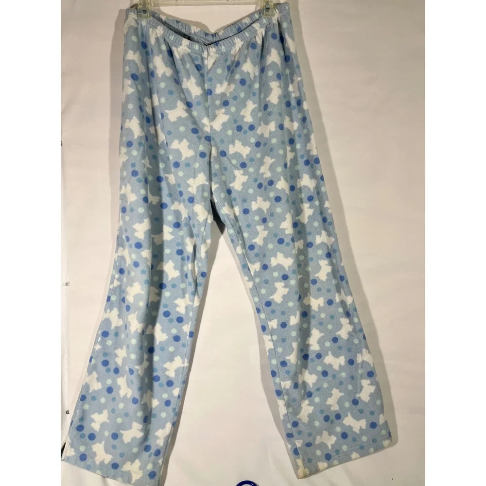 VS‎ Pink K Fleece Scottie Dog Polka Dot PJ Set Women L Blue Long Sleeve Cozy
